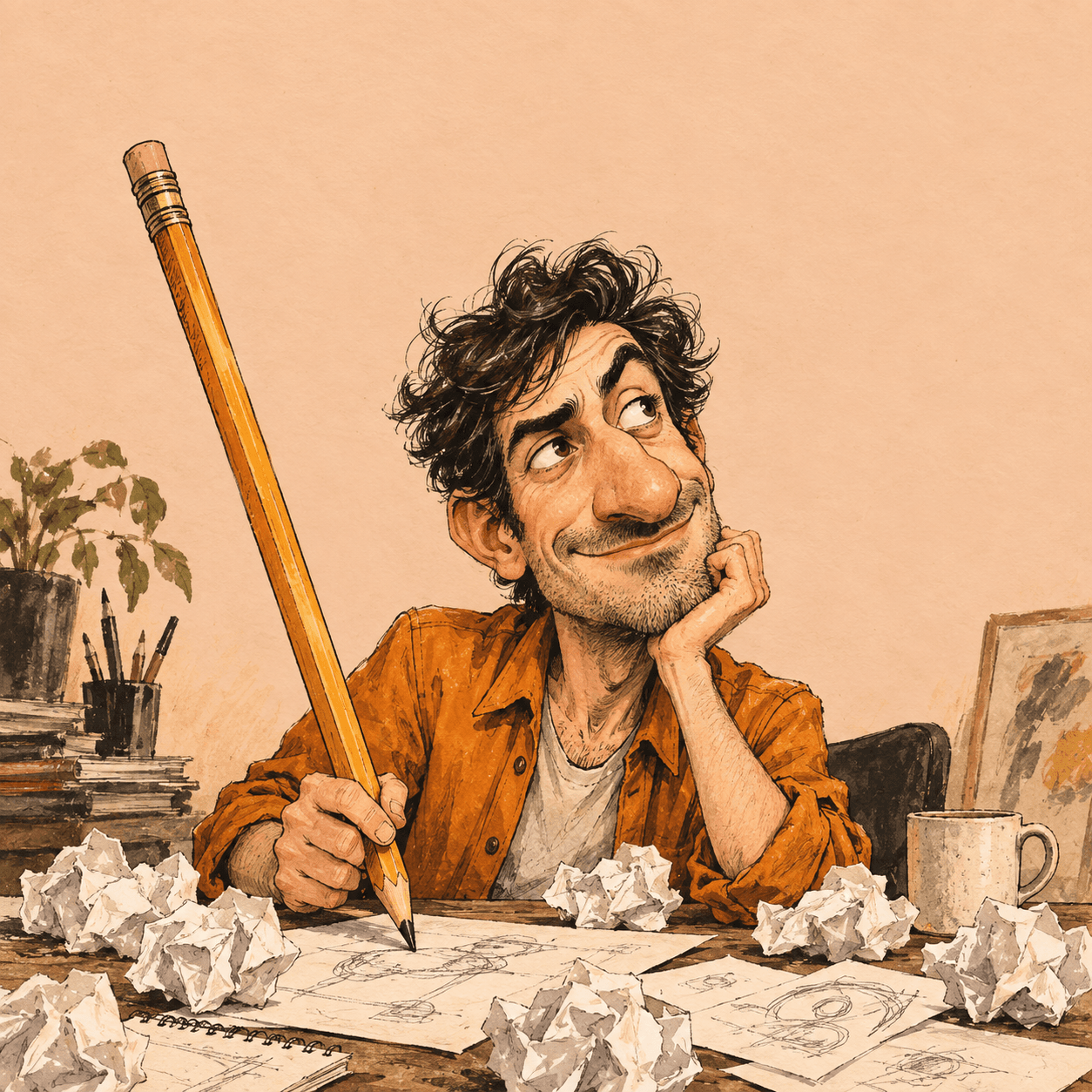 An ink and watercolor caricature of a creative holding an oversized pencil