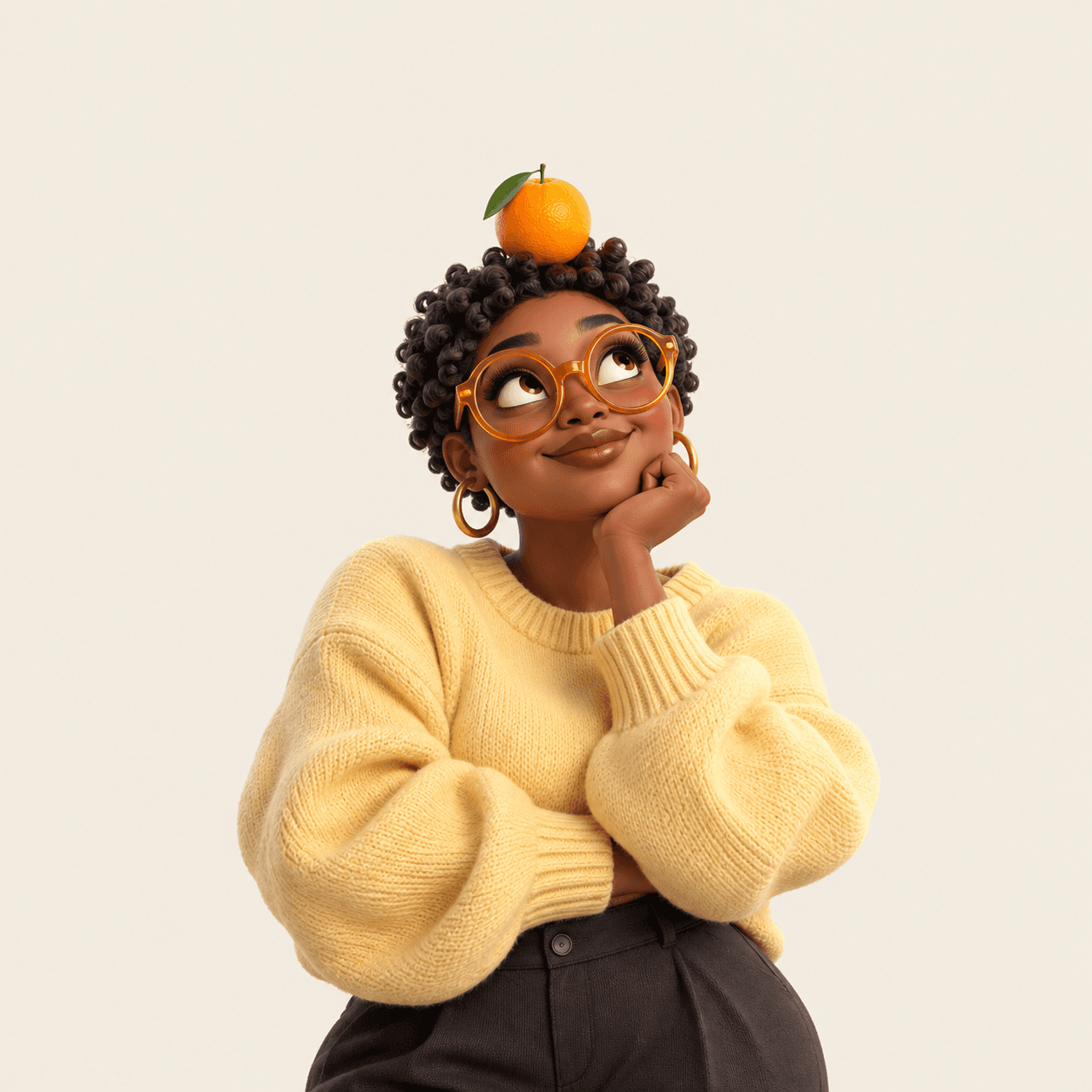 Original 3D character in a yellow sweater, balancing an orange on her head