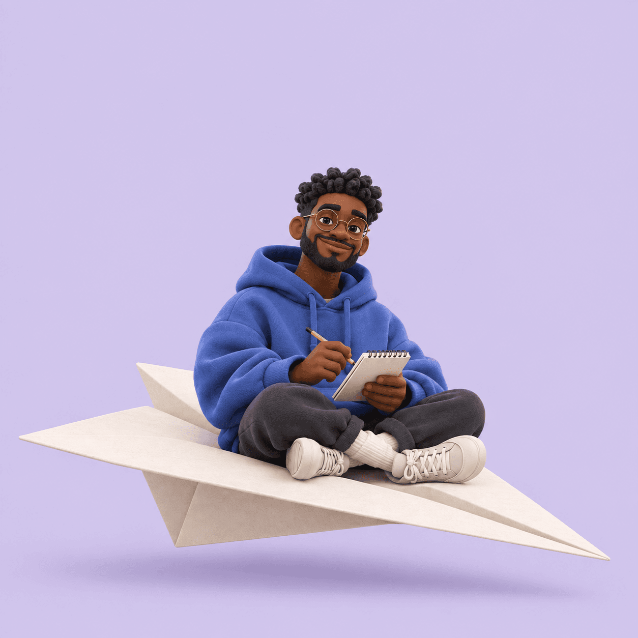 A 3D designer sitting on a paper airplane with a sketchbook