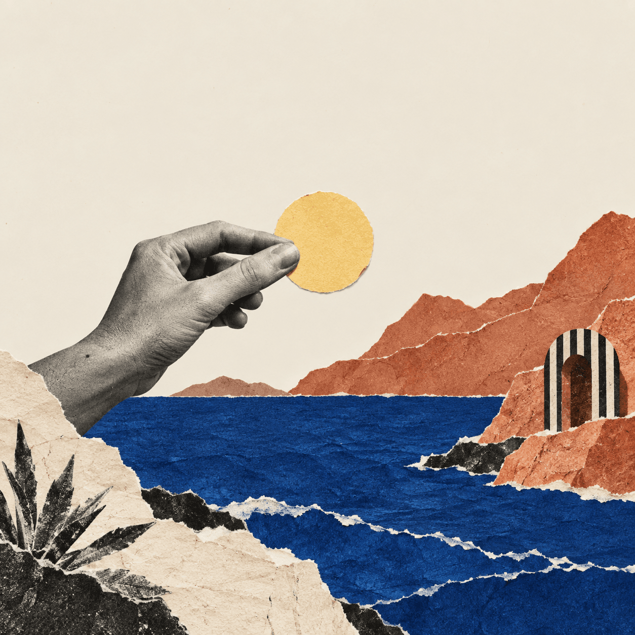 Torn-paper ocean and mountains with a photographic hand holding a paper sun