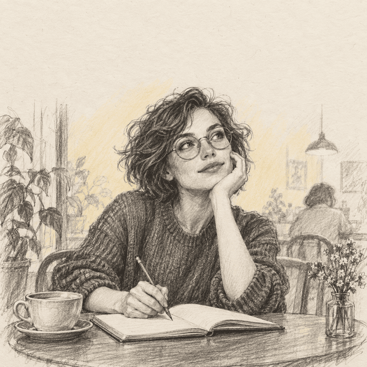 An expressive graphite drawing of a woman thinking over a notebook